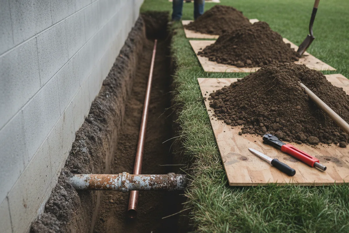 Excavated water line trench during Water Heater Repair in Rogers
